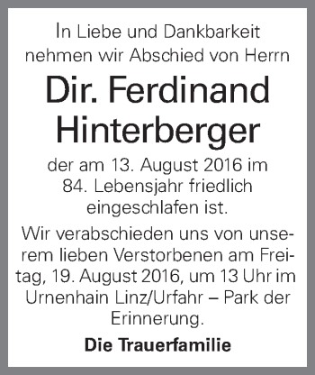 Traueranzeige von Ferdinand Hinterberger von OÖNachrichten