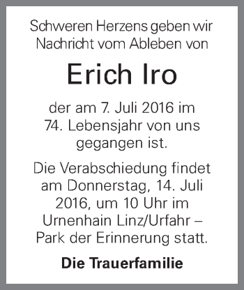 Traueranzeige von Erich Iro von OÖNachrichten