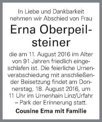 Traueranzeige von Erna Oberpeilsteiner von OÖNachrichten