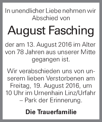 Traueranzeige von August Fasching von OÖNachrichten