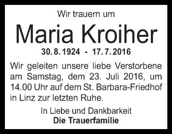 Traueranzeige von Maria Kroither von OON