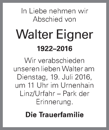 Traueranzeige von Walter Eigner von OÖNachrichten