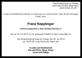 Traueranzeige von Franz Kepplinger von OON