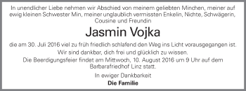 Traueranzeige von Jasmin Vojka von OÖNachrichten