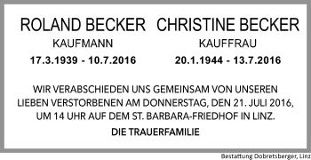 Traueranzeige von Roland und Christine Becker von OÖNachrichten