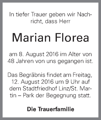 Traueranzeige von Marian Florea von OÖNachrichten