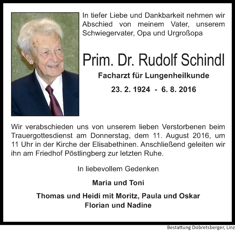 Traueranzeige für Rudolf Schindl vom 09.08.2016 aus OÖNachrichten