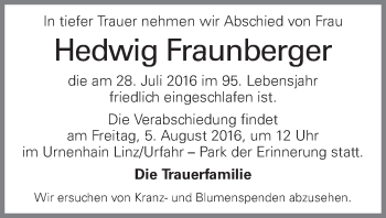 Traueranzeige von Hedwig Fraunberger von OÖNachrichten