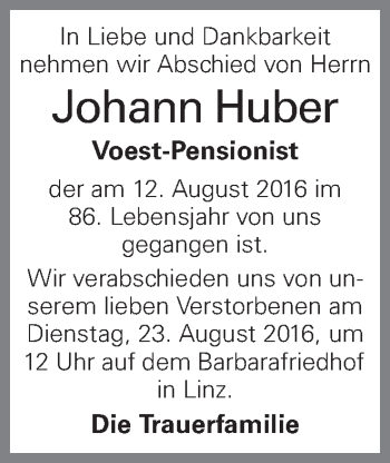 Traueranzeige von Johann Huber von OÖNachrichten