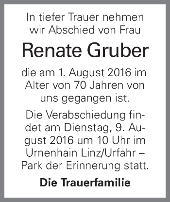 Traueranzeige von Renate Gruber von OÖNachrichten