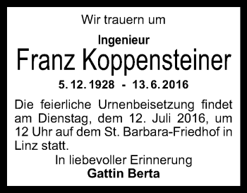 Traueranzeige von Franz Koppensteiner von OÖNachrichten