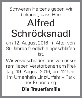 Traueranzeige von Alfred Schröcksnadl von OÖNachrichten