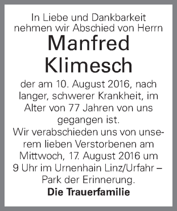 Traueranzeige von Manfred Klimesch von OÖNachrichten