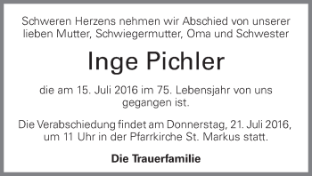 Traueranzeige von Inge Pichler von OÖNachrichten