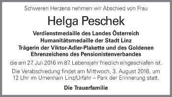 Traueranzeige von Helga Peschek von OÖNachrichten