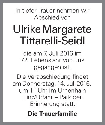 Traueranzeige von Ulrike Margarete Tittarelli-Seidl von OÖNachrichten