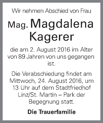 Traueranzeige von Magdalena Kagerer von OÖNachrichten