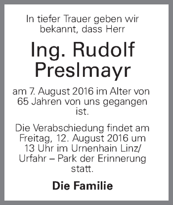 Traueranzeige von Rudolf Preslmayr von OÖNachrichten