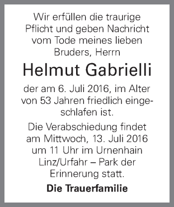 Traueranzeige von Helmut Gabrielli von OÖNachrichten