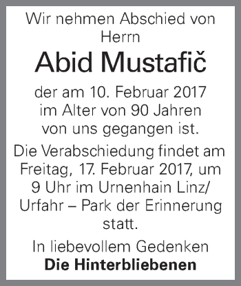 Traueranzeige von Abid Mustafic von OÖNachrichten