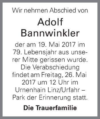 Traueranzeige von Adolf Bannwinkler von OÖNachrichten