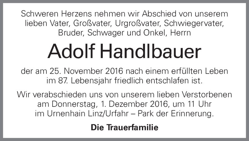  Traueranzeige für Adolf Handlbauer vom 29.11.2016 aus OÖNachrichten