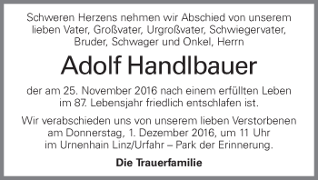Traueranzeige von Adolf Handlbauer von OÖNachrichten