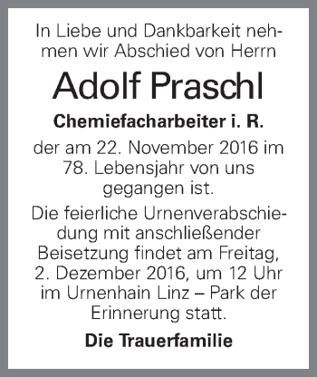 Traueranzeige von Adolf Prasch von OÖNachrichten