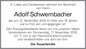Traueranzeige von Adolf Schwembacher von OÖNachrichten