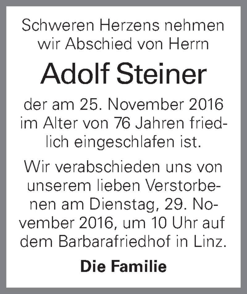  Traueranzeige für Adolf Steiner vom 29.11.2016 aus OÖNachrichten