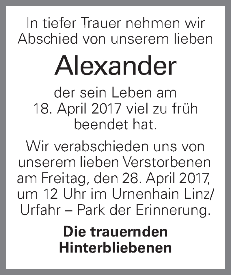 Traueranzeige für Alexander  vom 26.04.2017 aus OÖNachrichten