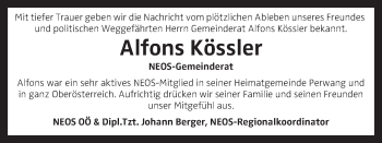 Traueranzeige von Alfons Kössler von OÖNachrichten