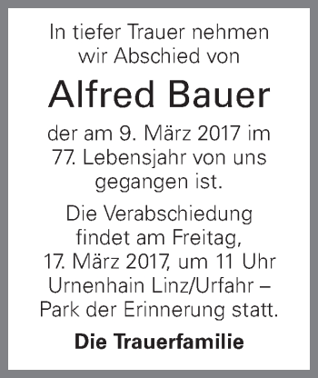 Traueranzeige von Alfred Bauer von OÖNachrichten
