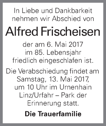 Traueranzeige von Alfred Frischeisen von OÖNachrichten