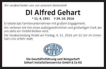 Traueranzeige von Alfred Gehart von OÖNachrichten