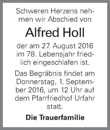 Traueranzeige von Alfred Holl von OÖNachrichten