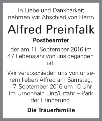 Traueranzeige von Alfred Preinfalk von OÖNachrichten