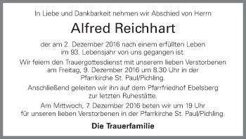 Traueranzeige von Alfred Reichhart von OÖNachrichten