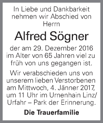 Traueranzeige von Alfred Sögner von OÖNachrichten
