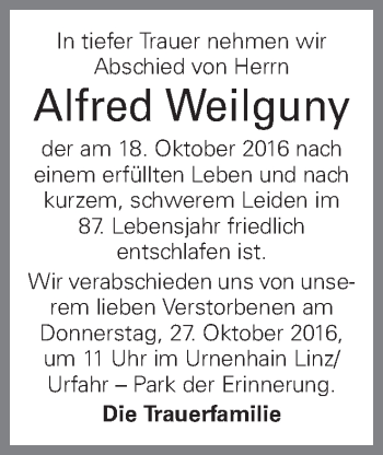Traueranzeige von Alfred Weilguny von OÖNachrichten