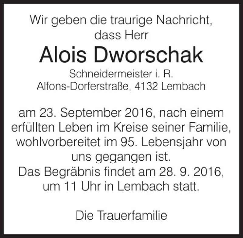  Traueranzeige für Alois Dworschak vom 26.09.2016 aus OÖNachrichten