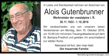 Traueranzeige von Alois Gutenbrunner von OÖNachrichten