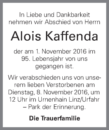 Traueranzeige von Alois Kaffenda von OÖNachrichten