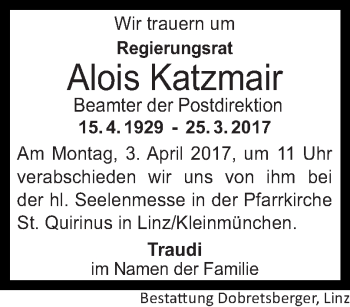 Traueranzeige von Alois Katzmair von OÖNachrichten