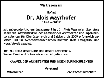 Traueranzeige von Alois Mayrhofer von OÖNachrichten