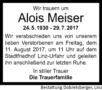 Traueranzeige von Alois Meiser von OÖNachrichten