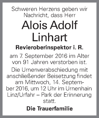 Traueranzeige von Alois Adolf Linhart von OÖNachrichten