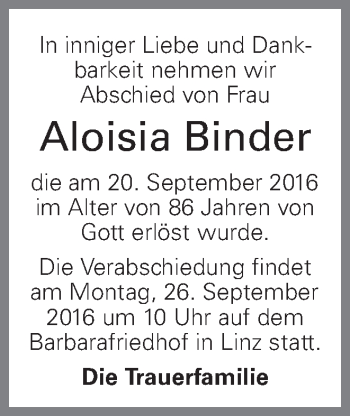 Traueranzeige von Aloisia Binder von OÖNachrichten