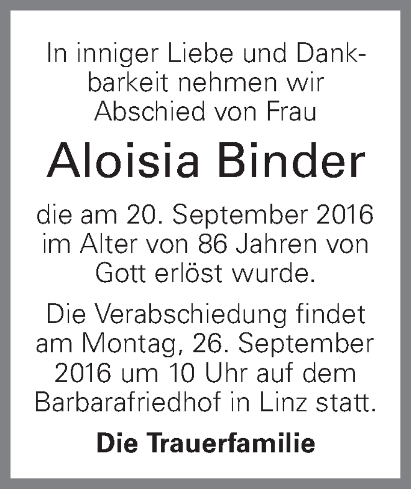  Traueranzeige für Aloisia Binder vom 23.09.2016 aus OÖNachrichten