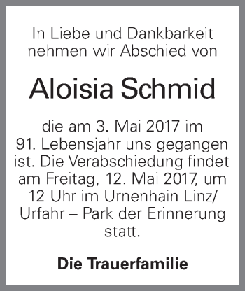 Traueranzeige von Aloisia Schmid von OÖNachrichten
